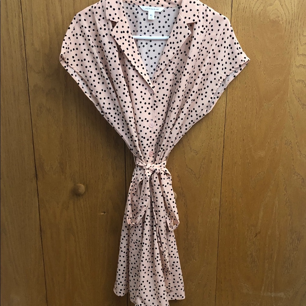 POPSUGAR Pink Polka Dot Button-Front Tie-Waist Midi Dress  Size XL